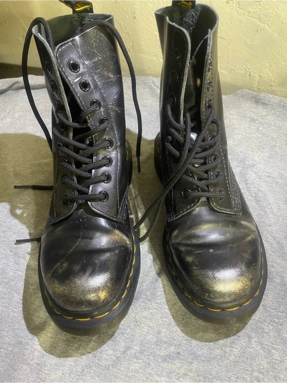 Dr. Martens Black Leather Lace-Up Boots with Yellow Stitching